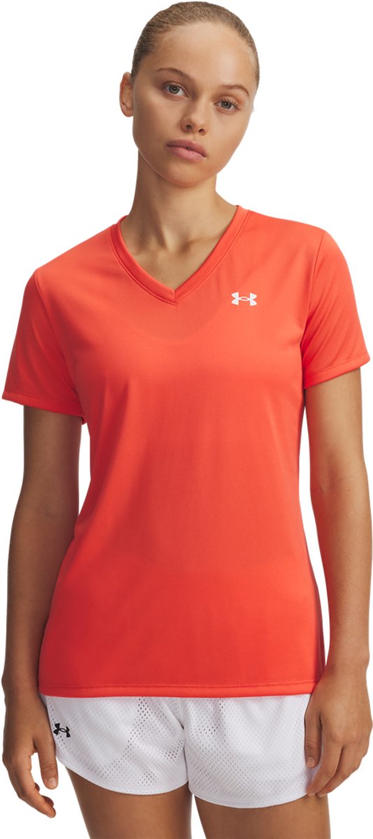Under armour tech ssv- solid-rood dames sportshirt - venom rood - wit