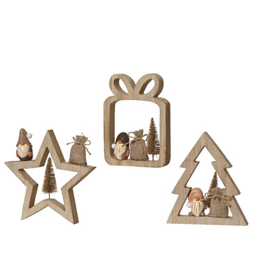 Decoris kerstdecoratie hout met gnoom 2x14,5x16,5cm 3 assorti cadeau ster boom