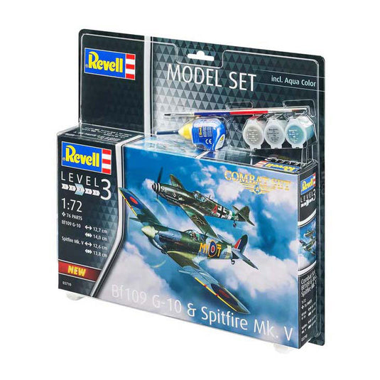 Revell modelbouwpakket - combat set bf109g-10 spitfire mk.v 1:72 - 76dlg. - incl. aqua color basiskleuren verf