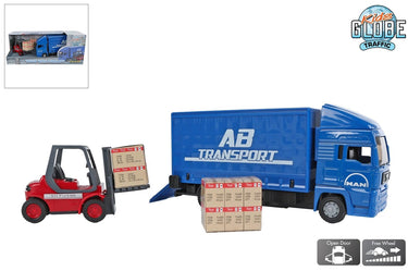 Man kids globe vrachtwagen met vorkheftruck. 17cm