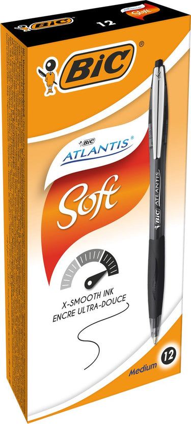 Bic atlantis soft uitschuifbare balpennen - zwart - doos van 12 stuks - medium punt 1 mm