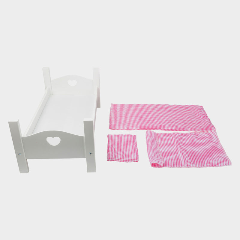 Load image into Gallery viewer, Small foot houten poppenbed met beddengoed 50 cm wit roze
