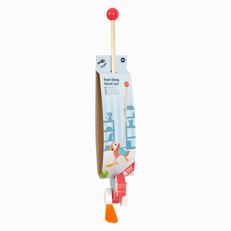 Load image into Gallery viewer, Small foot - houten duwfiguur papegaai lori met stok
