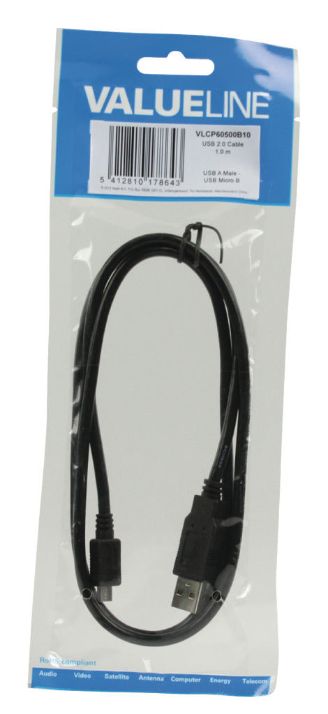 Load image into Gallery viewer, Valueline vlcp60500b10 usb 2.0 usb a male - usb micro b male kabel 1,00 m zwart

