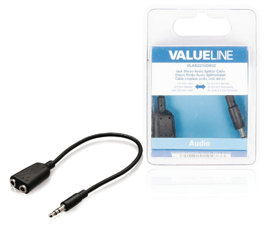 Valueline vlab22100b02 jack stereo audio verdeelkabel 3,5 mm mannelijk - 2x 3,5 mm vrouwelijk 0,20 m zwart