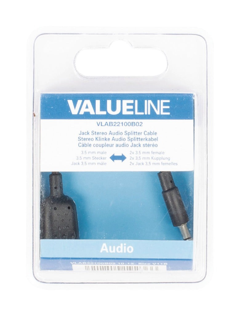 Load image into Gallery viewer, Valueline vlab22100b02 jack stereo audio verdeelkabel 3,5 mm mannelijk - 2x 3,5 mm vrouwelijk 0,20 m zwart
