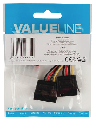 Valueline valueline vlcp73520v015 interne stroom splitterkabel molex mannelijk 2x sata 15-pins vrouwelijk 0,15 m veelkleurig