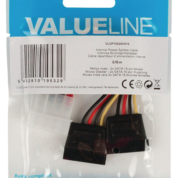 Valueline valueline vlcp73520v015 interne stroom splitterkabel molex mannelijk 2x sata 15-pins vrouwelijk 0,15 m veelkleurig