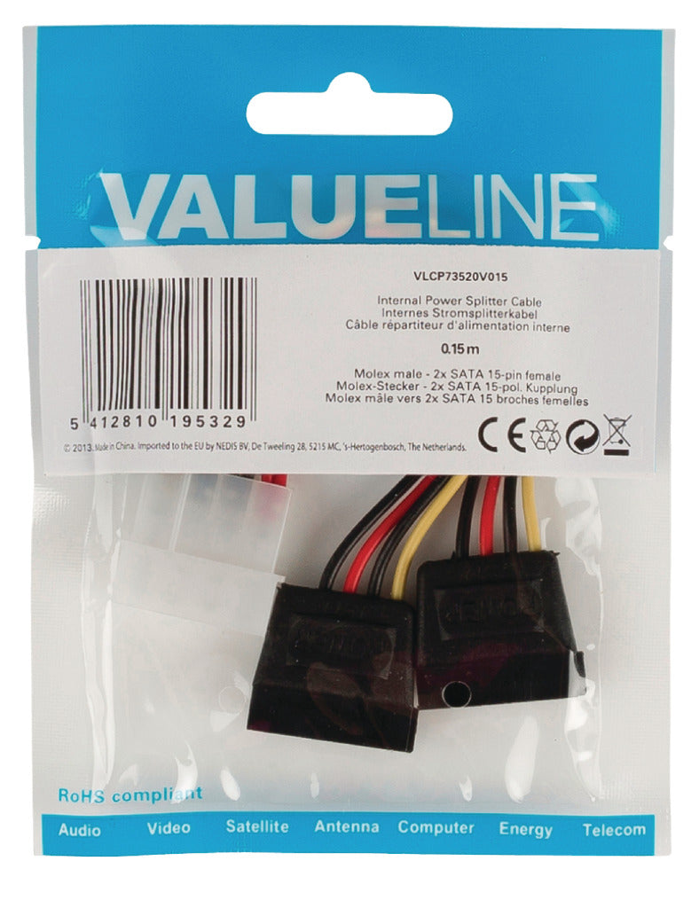Load image into Gallery viewer, Valueline vlcp73520v015 interne stroom splitterkabel molex mannelijk - 2x sata 15-pins vrouwelijk 0,15 m veelkleurig
