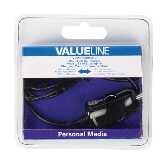 Valueline vlmb60890b10 micro-usb-autolader micro usb male - 12v autoaansluiting 1,00 m zwart 2.1a
