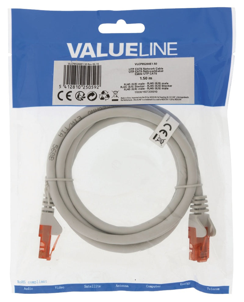 Load image into Gallery viewer, Valueline vlcp85200e1.50 cat6 utp netwerkkabel rj45 (8 8) male - rj45 (8 8) male 1.50 m grijs
