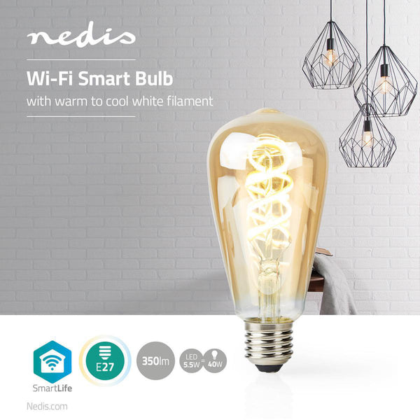 Nedis wifilt10gdst64 wi-fi warm tot koel wit led filamentlampgedraaid e27 st64 5,5 w 350 lm