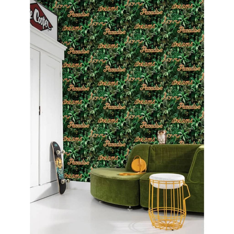 Load image into Gallery viewer, Noordwand behang good vibes neon letter with plants groen en oranje
