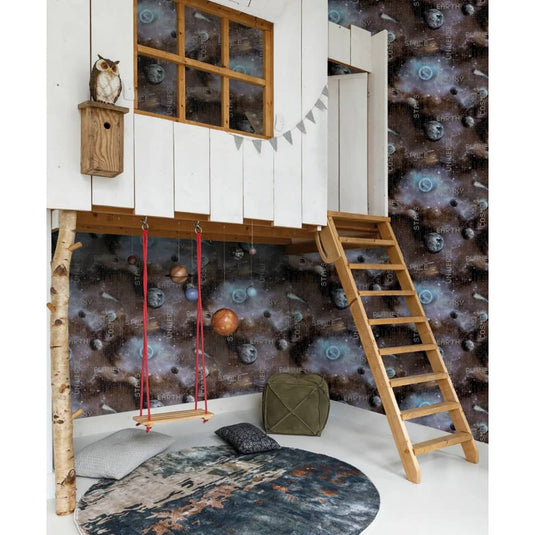 Noordwand behang good vibes galaxy planets and text blauw en zwart