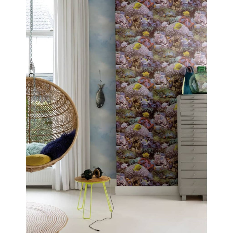 Load image into Gallery viewer, Noordwand behang good vibes coral and tropical fish geel en paars
