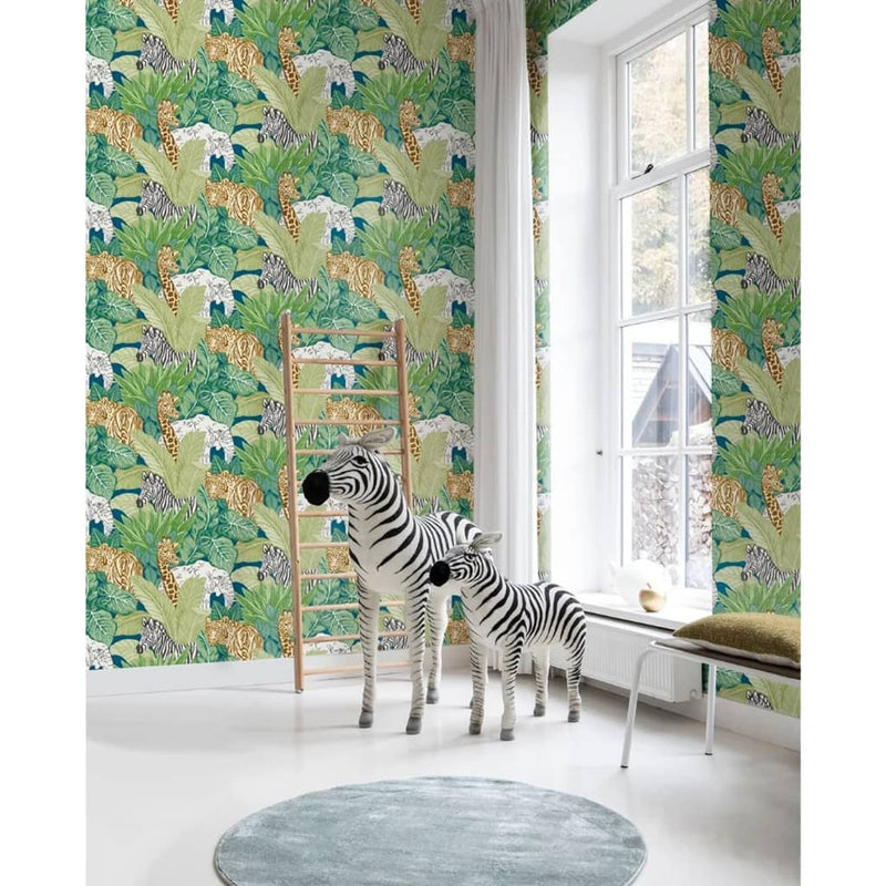 Load image into Gallery viewer, Noordwand behang good vibes jungle animals groen en zwart
