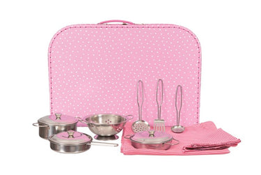 Pannenset metaal in koffer roze. 38x26x8