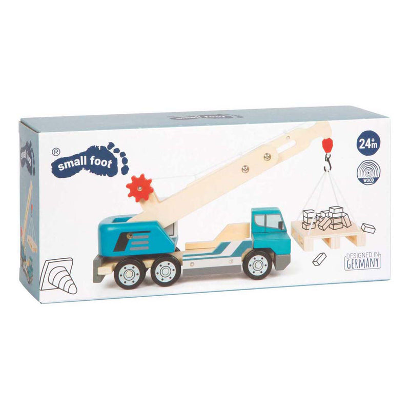 Load image into Gallery viewer, Small foot - houten kraanwagen blauw met pallet
