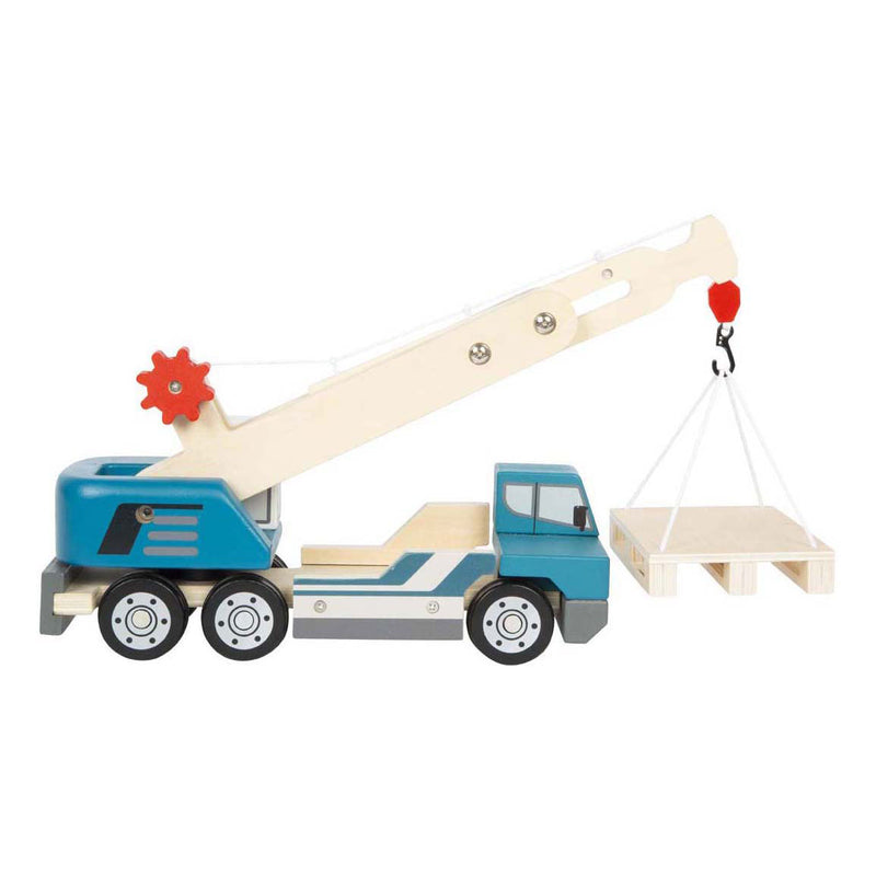 Load image into Gallery viewer, Small foot - houten kraanwagen blauw met pallet
