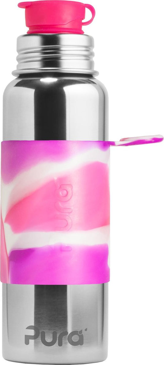 Pura sportfles 850 ml - drinkfles - bidon - plasticvrij - roest niet - vaatwasserbestendig - inclusief sportsleeve en sportdop - top is verwisselbaar - veelzijdig - roze swirl