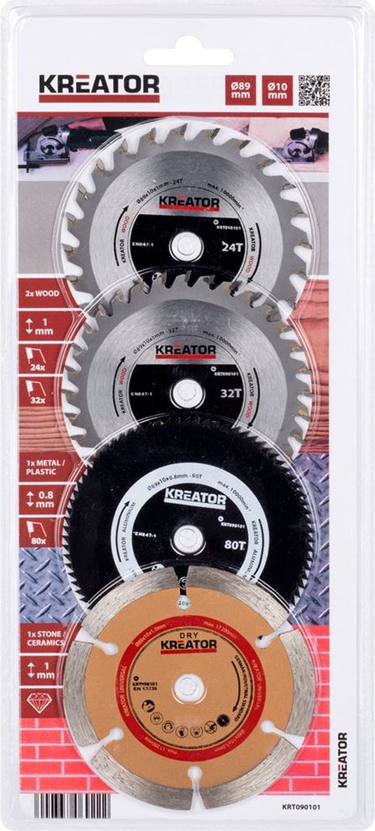 Kreator krt090101 set van 4 cirkelzaagbladen voor mini-cirkelzaag - ø89 mm