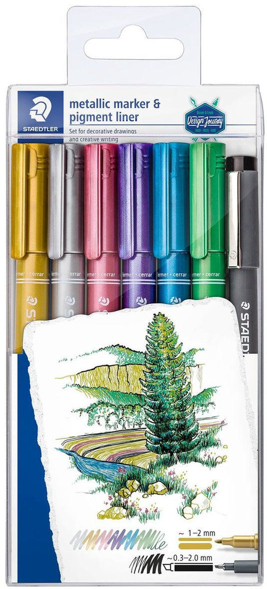 Staedtler design journey metallic pen - promo set 6 kleuren + gratis pigment liner