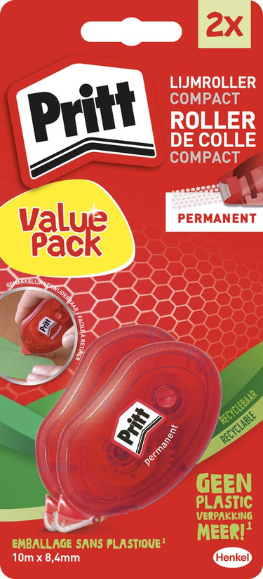 Pritt lijm roller compact | roller 4.2 x 10 mm | voordeel lijmroller blister 1+1 gratis | kantoor school lijmroller.