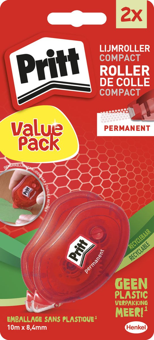 Pritt lijm roller compact | roller 4.2 x 10 mm | voordeel lijmroller blister 1+1 gratis | kantoor school lijmroller.