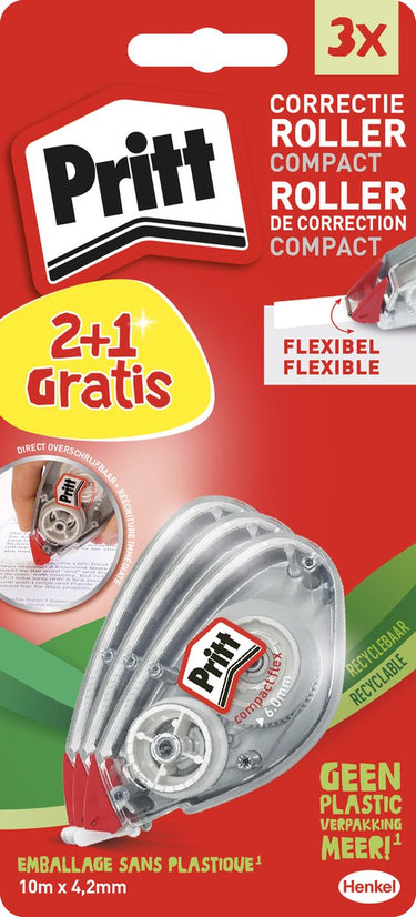 Pritt correctie roller compact | roller 4.2 x 10 mm | voordeel correctieroller blister 2+1 gratis | kantoor school correctieroller.