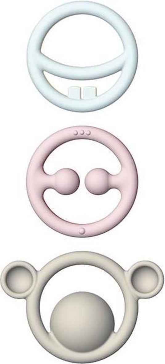 Moluk nigi, nagi nogi set pastelkleuren, set van 3 tactiele bijtringen in verschillende kleuren, in siliconen rubber, in doos 12.5x2x25.8cm, 0+