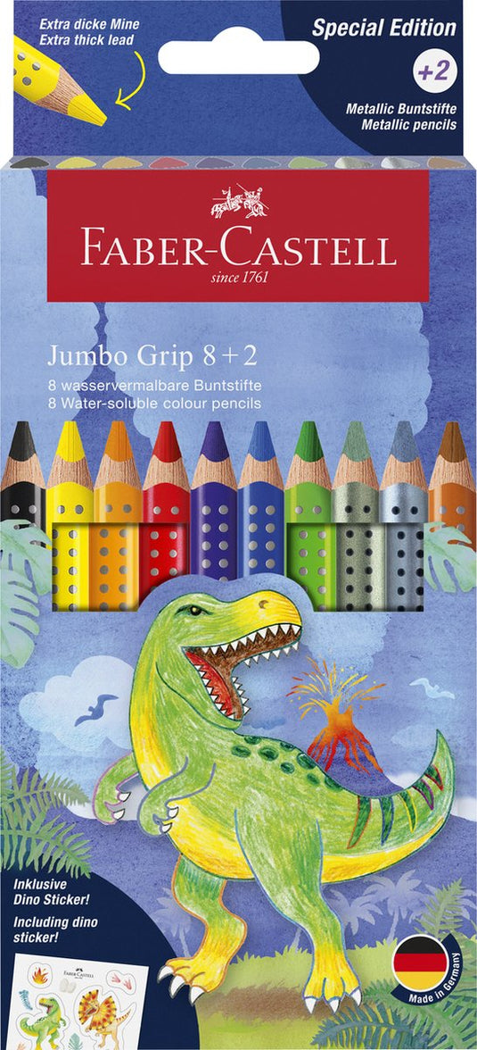 Faber-castell kleurpotloden - jumbo grip dino - 8 colourgrip + 2 metallic grip - met stickers - fc-110922
