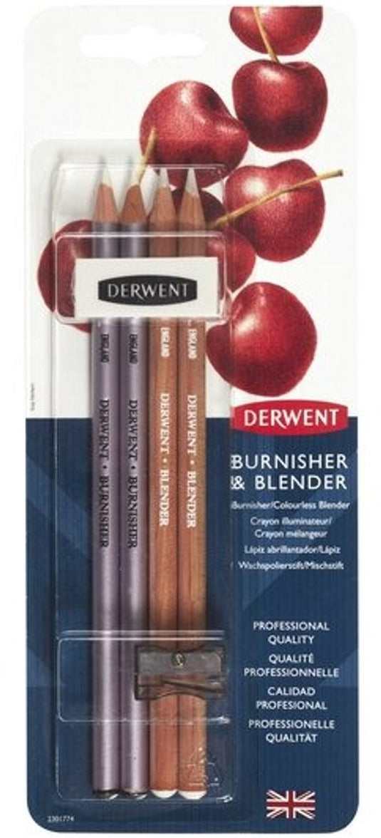 Derwent blender burnisher potlodenset - inclusief gum en puntenslijper - professionele kwaliteit - set van 4