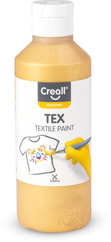 Creall tex - textiel- stoffenverf - goud - 250ml - machine wasbaar na fixatie - voor t-shirts, jeans, schoenen, stoffen tassen, meubels en auto-interieurs hemelbekleding - gemaakt in nl - glutenvrij