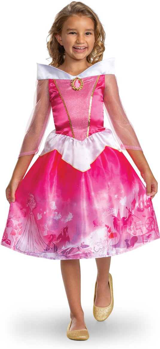 Disguise disney prinses - sleeping beauty, aurora verhalenboek jurk classic, maat m (7-8 jaar), meisjes