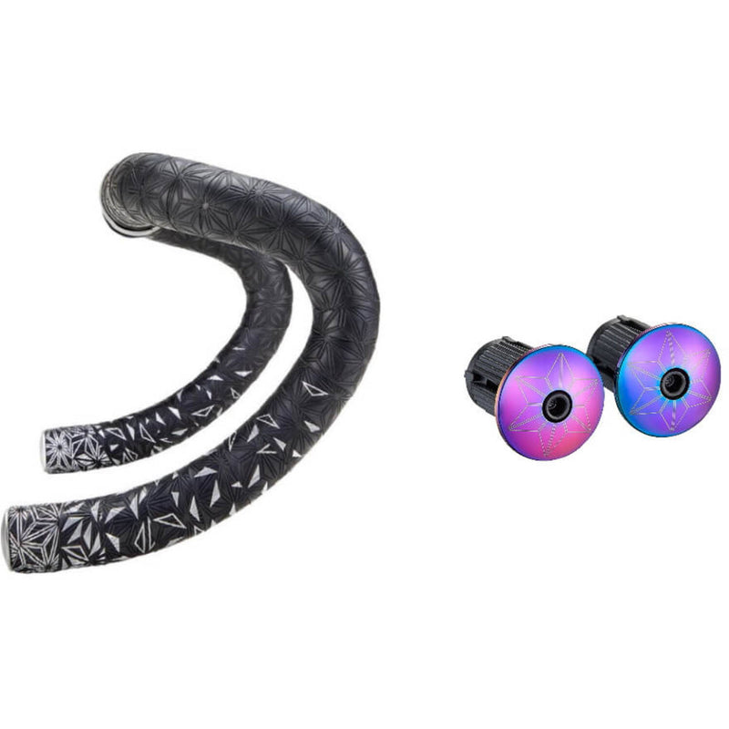 Load image into Gallery viewer, Supacaz - super sticky kush star fade stuurlint zwart oil slick inclusief aluminium oil slick stuurplug
