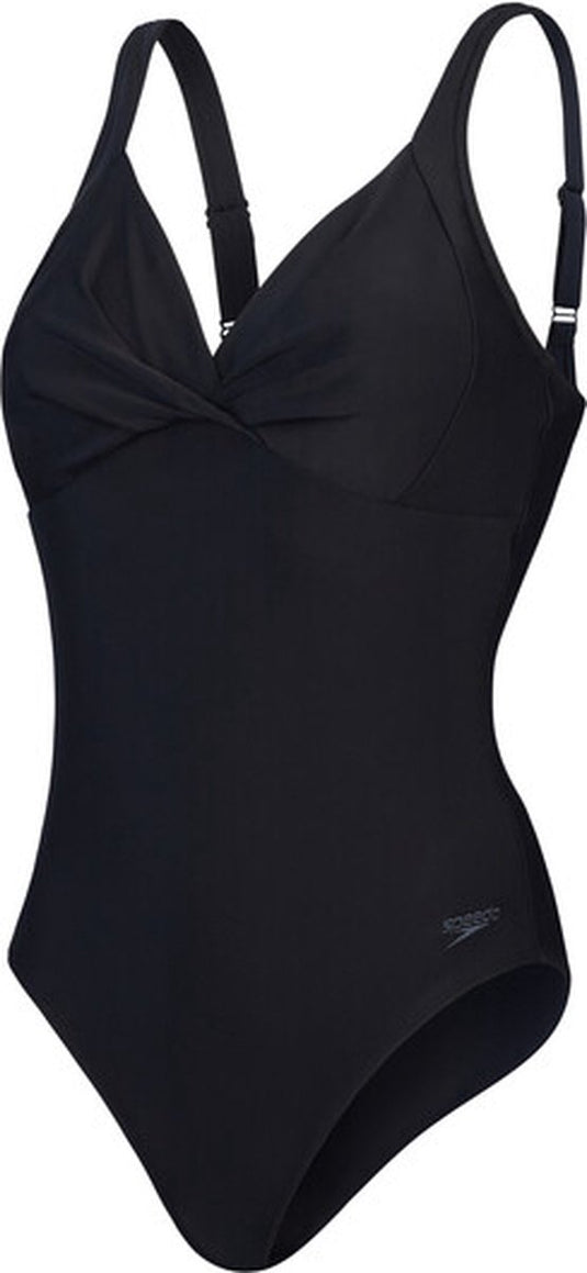 Speedo shaping cross knot 1 piece dames sportbadpak - corrigerend badpak dames - zwempak dames met uitneembare cups - sportbadpak dames met hartvormige halslijn en verstelbare bandjes - zwart - 36