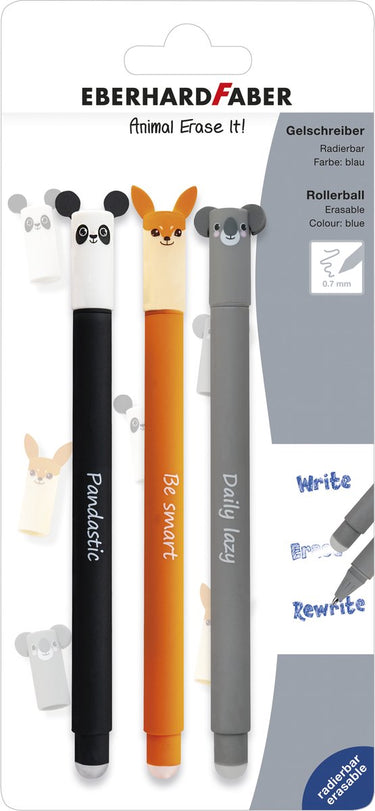 Eberhard faber - gelpen - animal erase-it - blister ass. kleur - schrijfkeurl blauw - ef-582123 - ( panda, koala, vos )