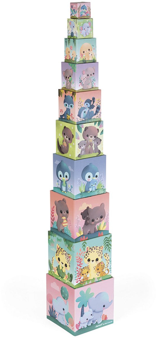 Janod - stapeltoren - schattige dieren - 10 stapelbare kartonnen kubussen