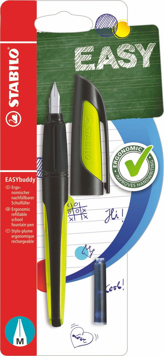 Stabilo easybuddy - ergonomische vulpen - zwart lime - standaard m punt voor rechtshandigen