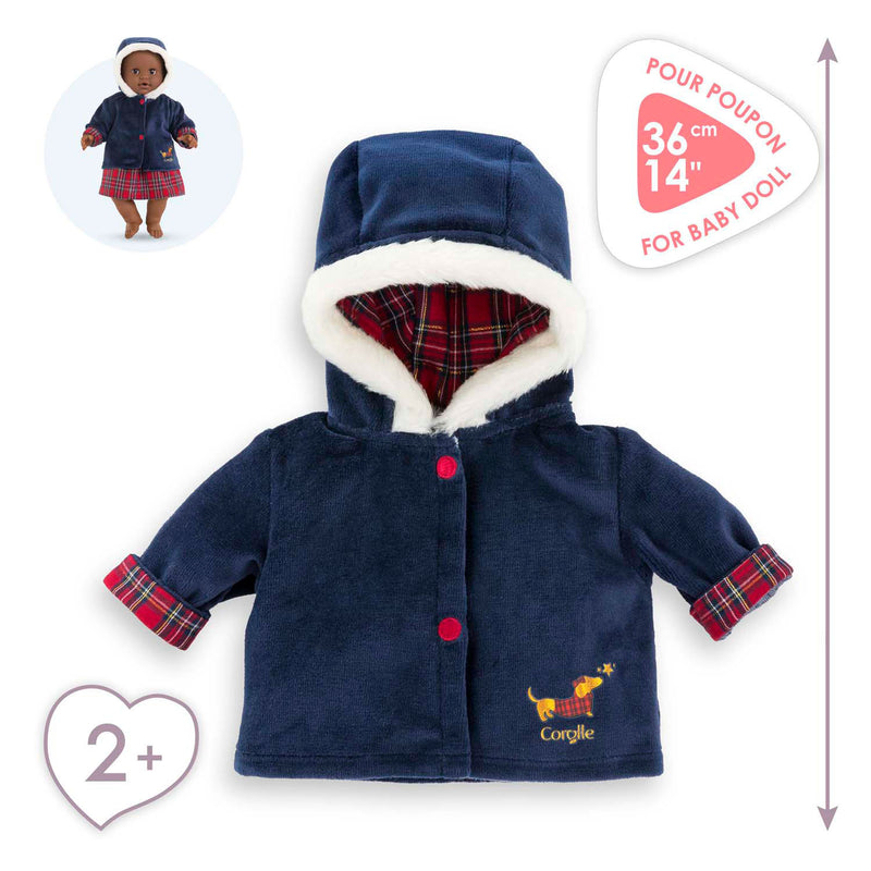 Load image into Gallery viewer, Corolle babypop winterjas - donkerblauw, bontkraag, 36cm poppen.
