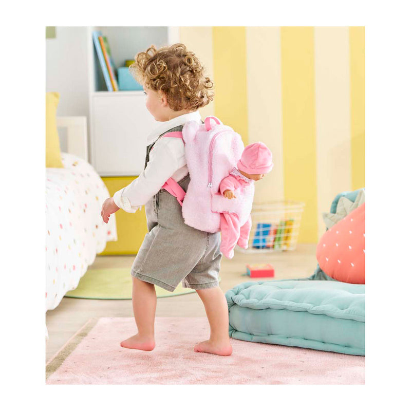 Load image into Gallery viewer, Corolle poppen draagrugzak roze pluche 30cm babypop accessoire.
