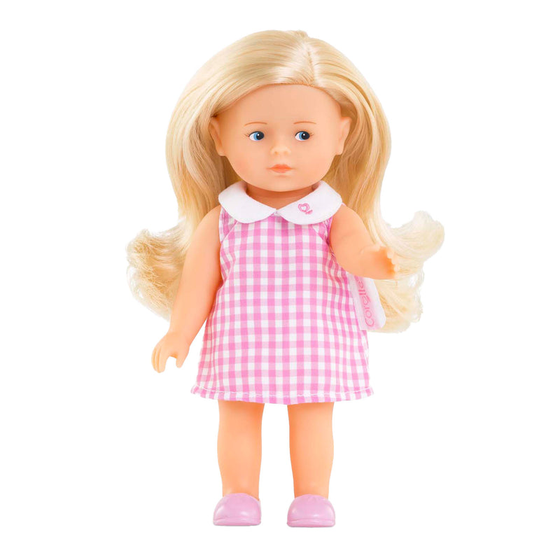 Load image into Gallery viewer, Corolle babypop mini corolline rosy met roze geruite jurk pop.
