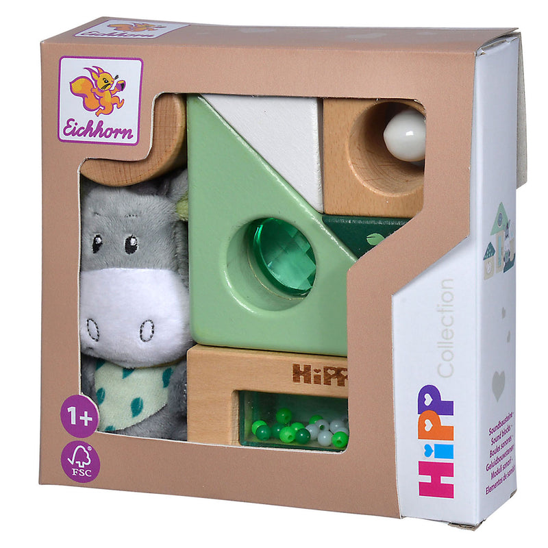 Load image into Gallery viewer, Eichhorn baby hipp houten geluidsblokken met ezel knuffeltje
