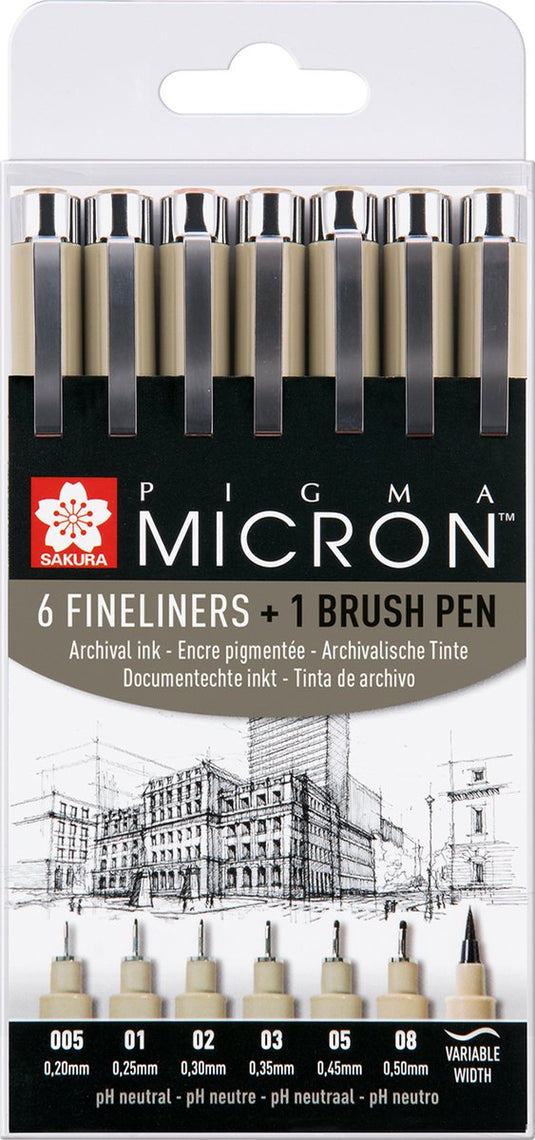 Sakura pigma micron fineliners set - 6 fineliners + 1 pigma penseel
