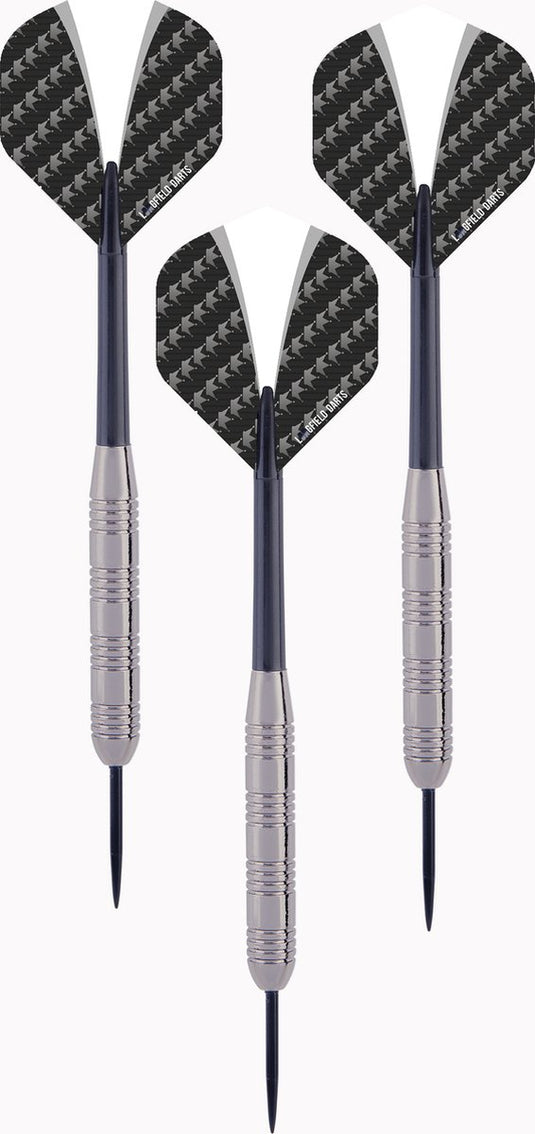 Engelhart darts tungsten look set 23 g – 3 steeltip dartpijlen – tungsten look barrel – nylon shaft – wit zwarte flight – inclusief etui – longfield
