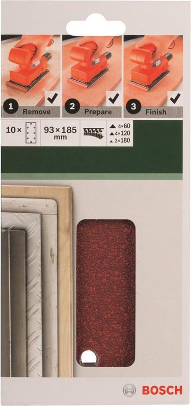 Bosch 10-delige schuurbladset voor vlakschuurmachines 93 x 185 mm - korrel 60; 120; 180
