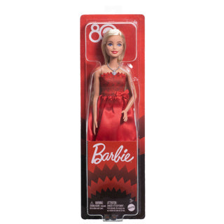 Load image into Gallery viewer, Barbie mattel 80-jubileum modepop – robijnrode jurk zilveren accenten
