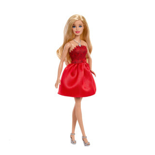 Load image into Gallery viewer, Barbie mattel 80-jubileum modepop – robijnrode jurk zilveren accenten
