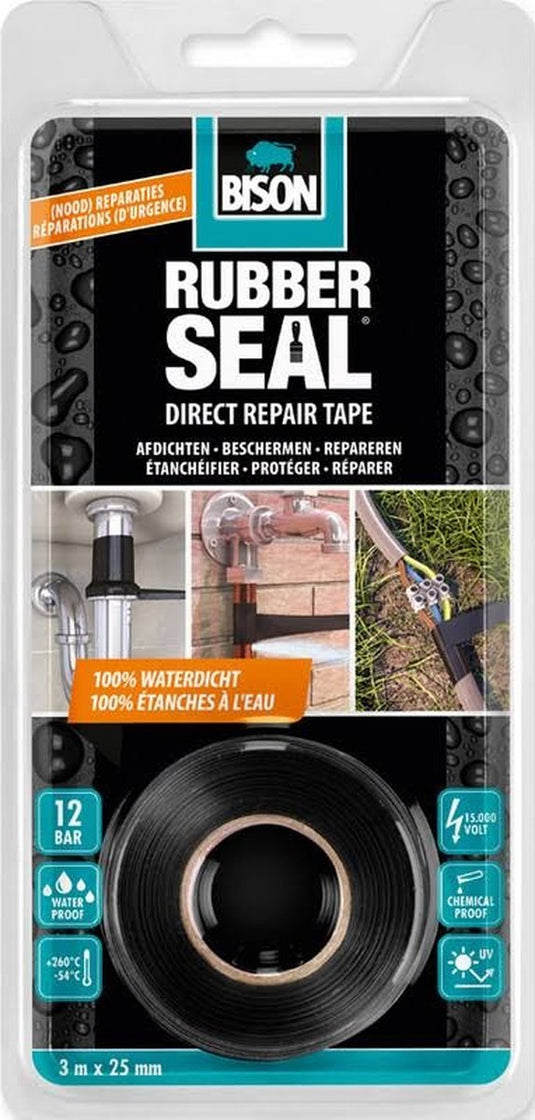 Bison rubber seal direct repair tape 3 meter x 25 mm - direct repareren, sterke reparatietape, direct 100% waterdicht, binnen en buiten, repareren, versterken, afdichten, verbinden