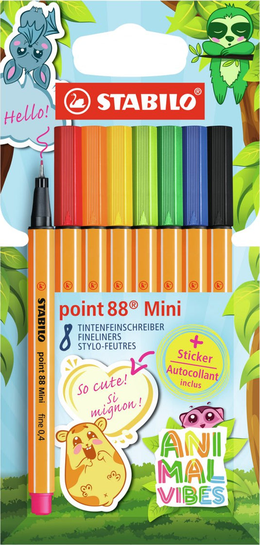 Stabilo point 88 mini - premium fineliner - animal vibes - etui met 8 kleuren + sticker
